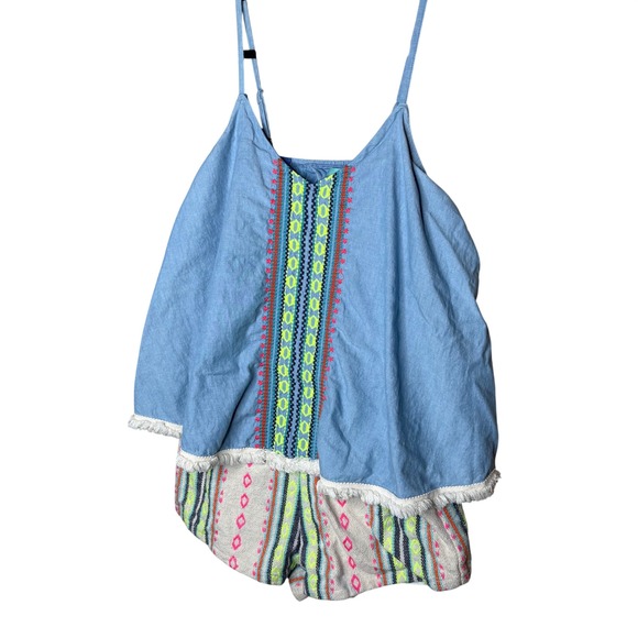 Judith March Pants - Judith March Women Blue Embroidered Fringe Split Back Romper Size Large Boho
